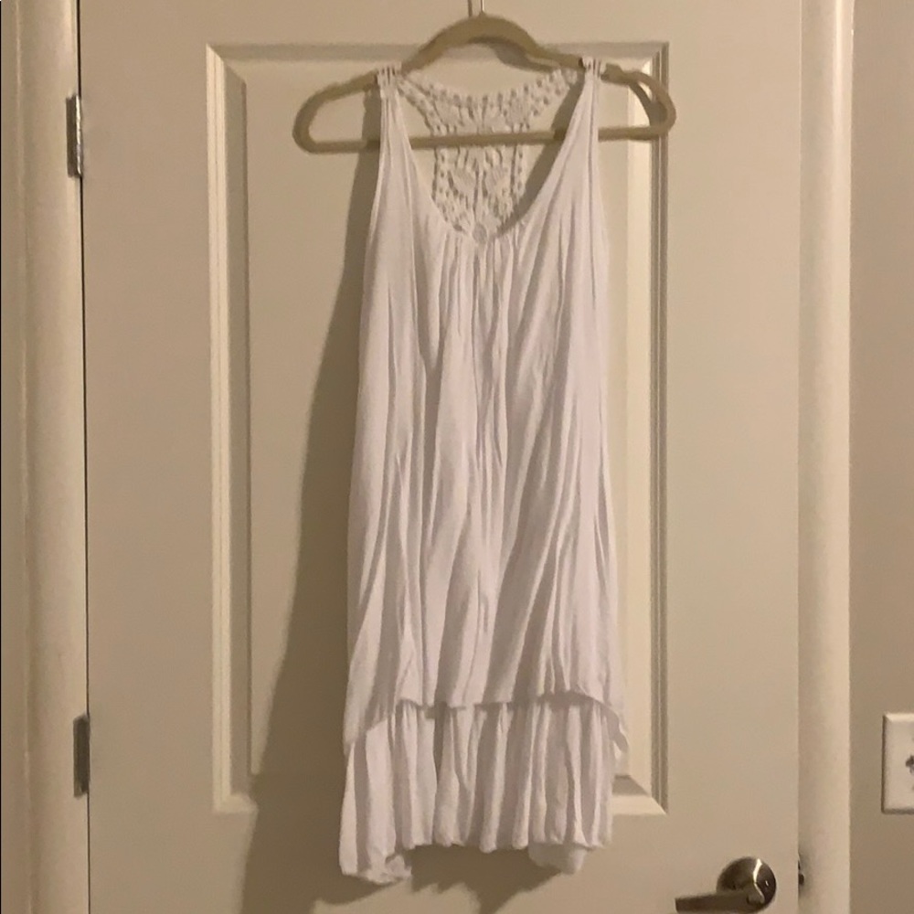 White swim cover up with crochet detail